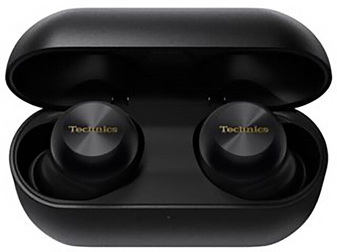 Czarne słuchawki douszne w czarnym etui ładującym z logo 'Technics' w kolorze złotym.