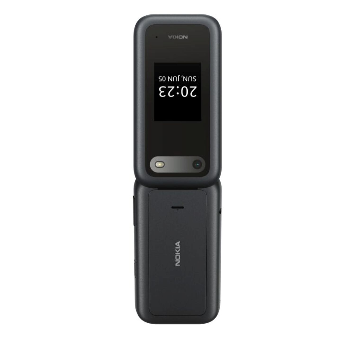 A black Nokia flip phone is open, displaying the time 20:23 and date Sun, Jun 05. The Nokia logo is visible.