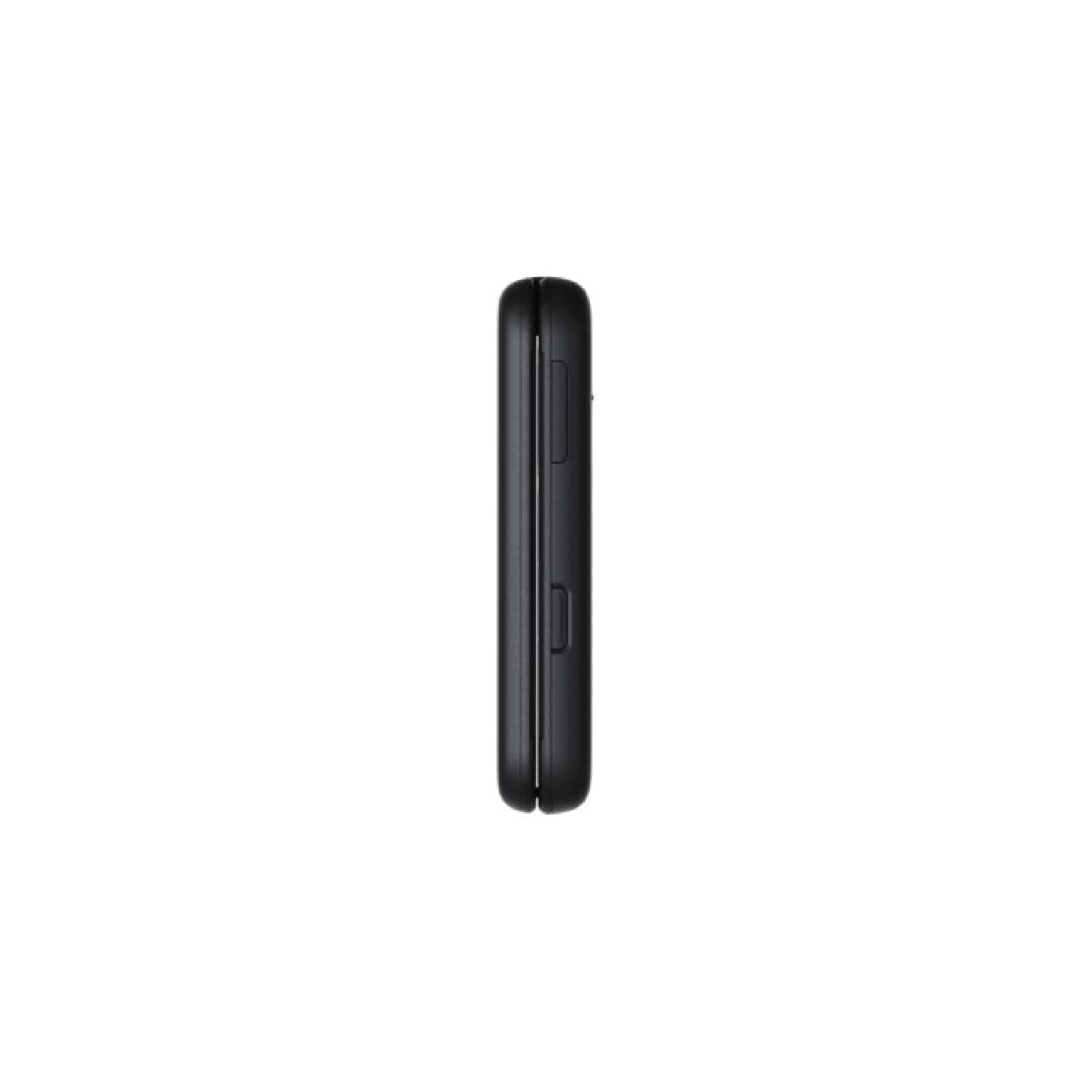 A black, folded phone is centered against a white background. The phone is closed, showing its side profile. Buttons are visible.