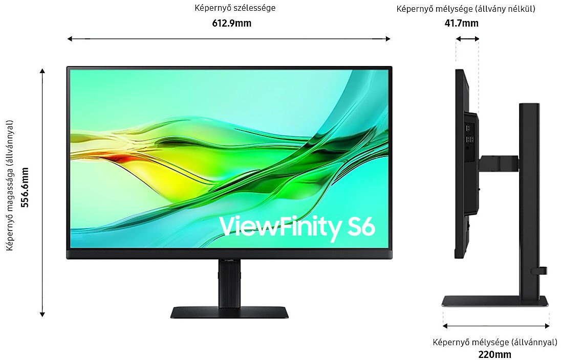 Monitor méretei: szélesség 612,9mm, magasság 556,6mm, mélység 41,7mm, állvány mélység 220mm, ViewFinity S6.