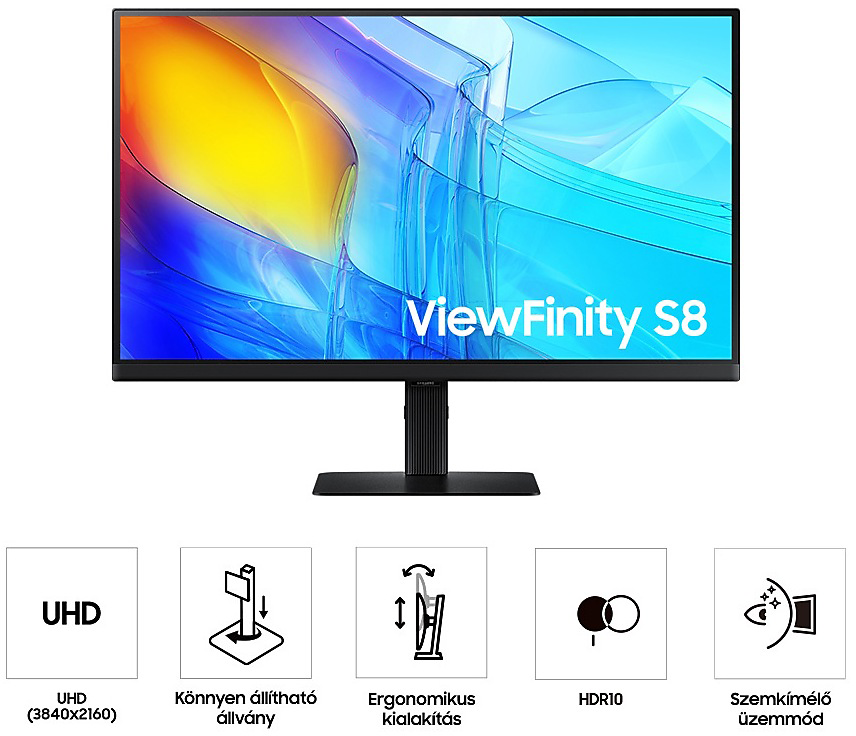 Fekete monitor, színes képpel, a ViewFinity S8 névvel.