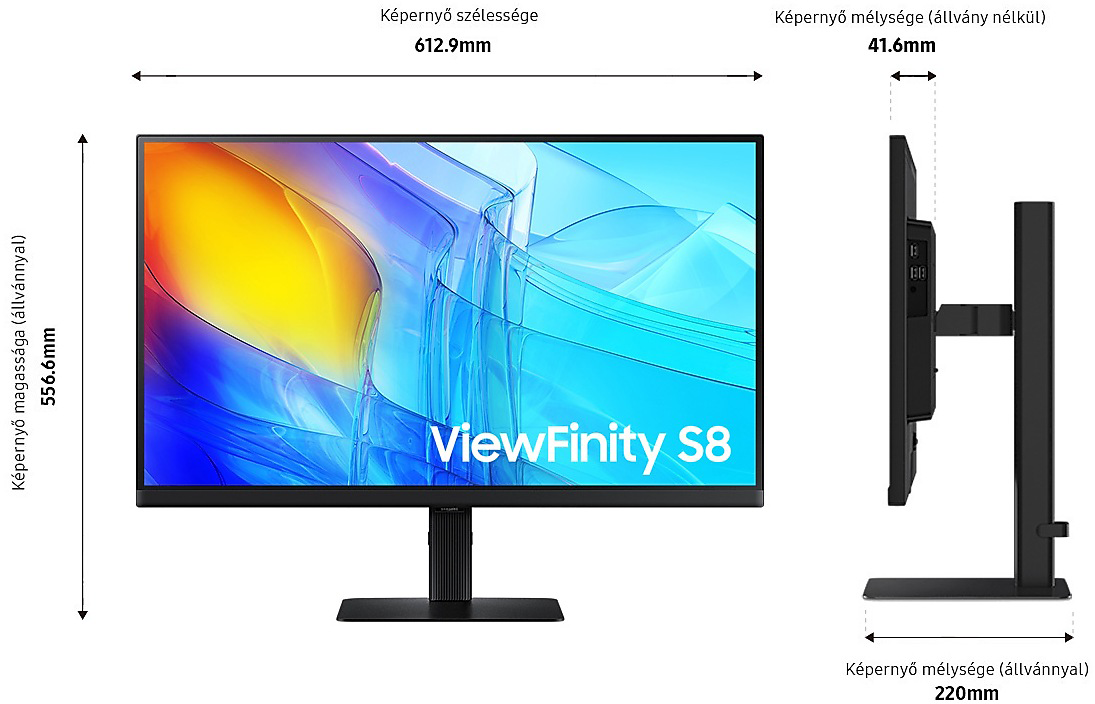 Monitor méretei: szélesség 612,9mm, magasság 556,6mm, mélység 41,6mm, állvány 220mm, ViewFinity S8.