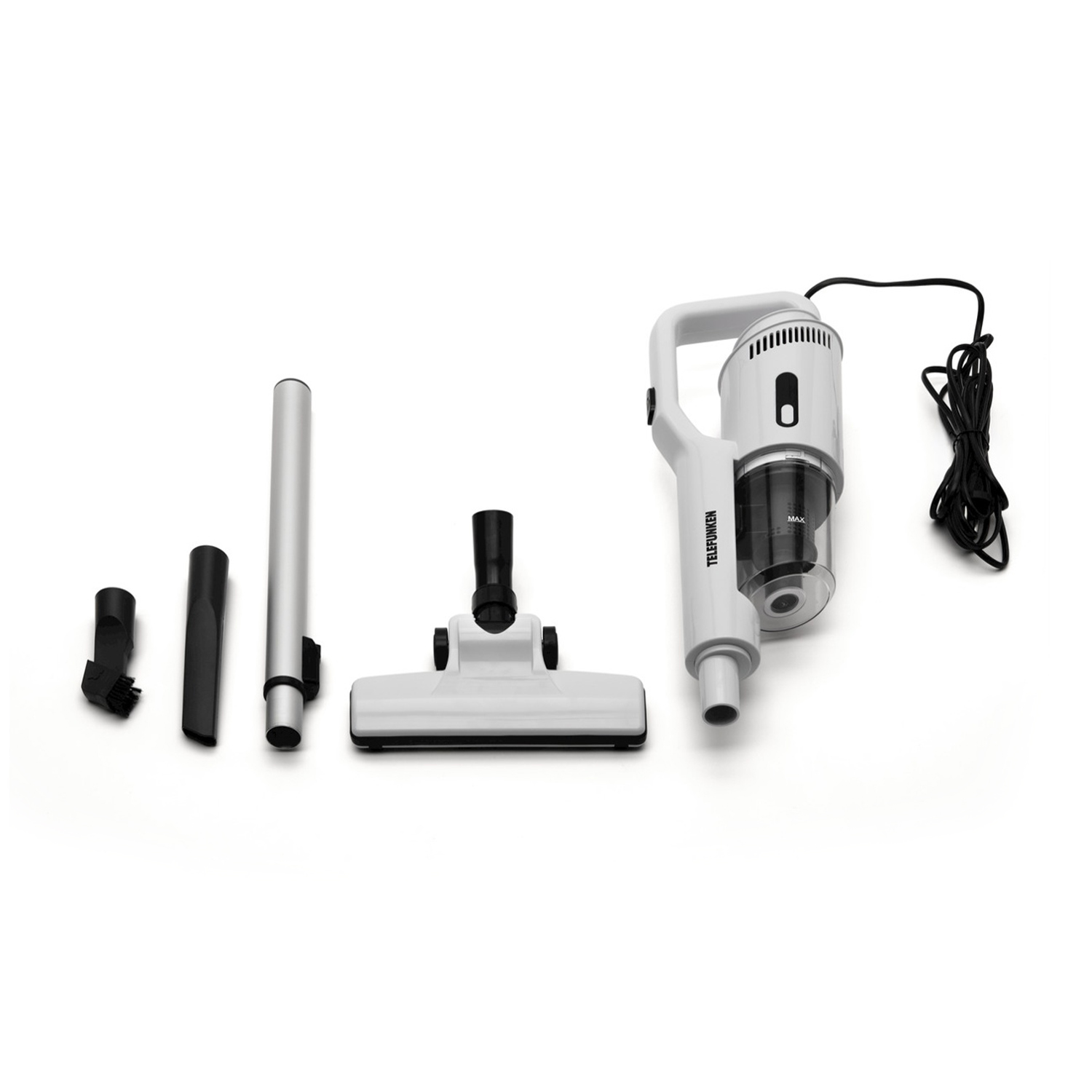Aspirapolvere portatile Telefunken bianco con accessori. Parti disposte su sfondo bianco.