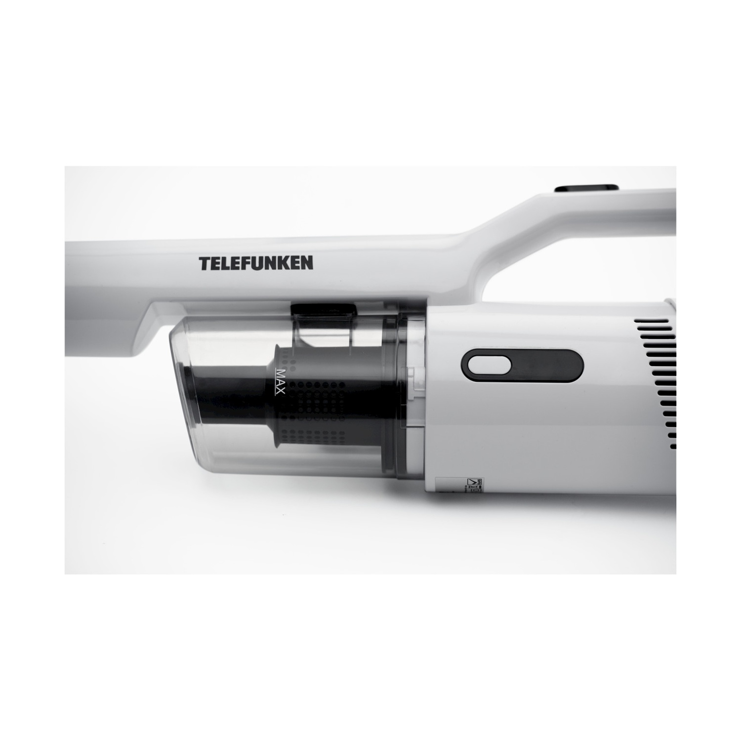 Primo piano di un aspirapolvere portatile Telefunken bianco, che mostra il contenitore della polvere.