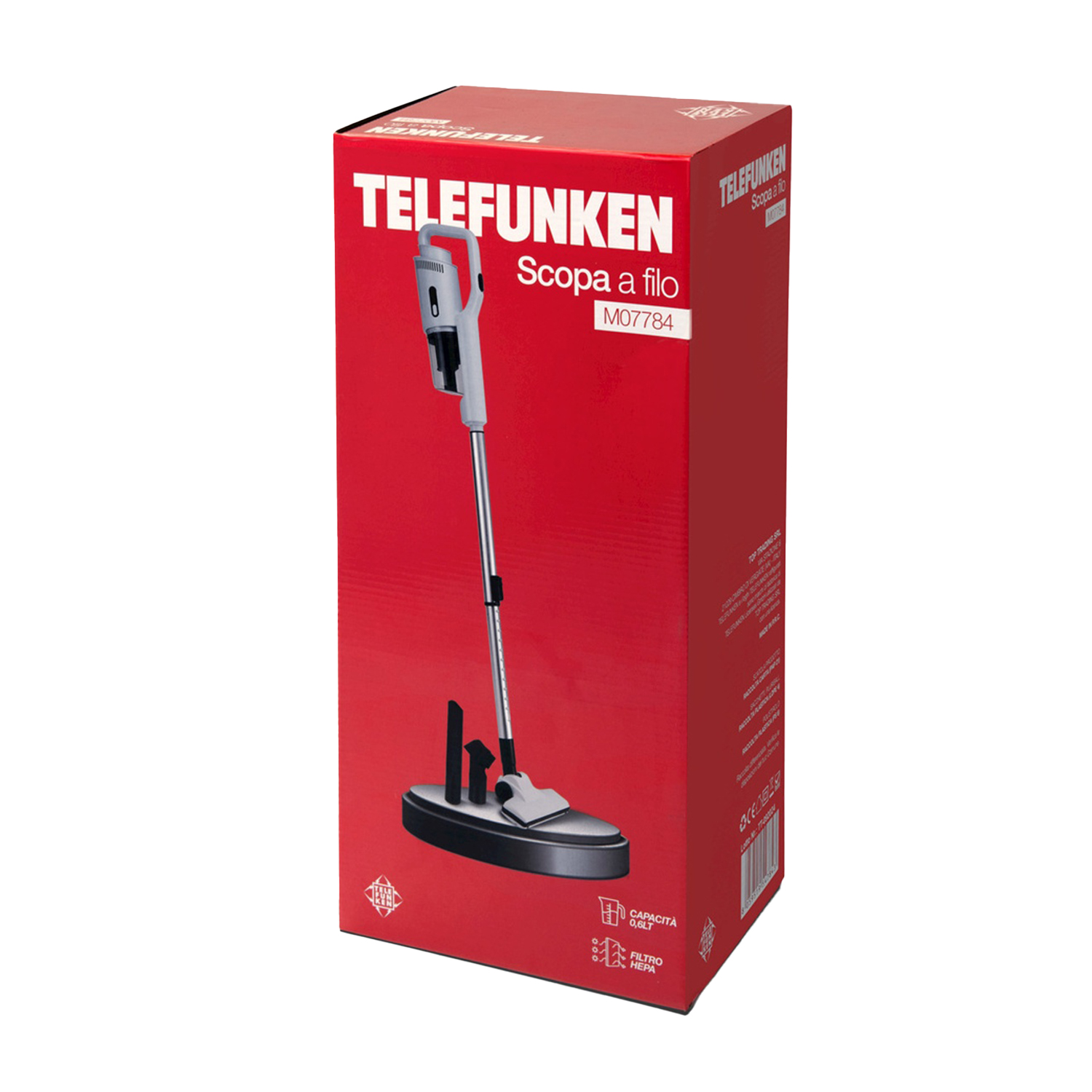 Una scatola Telefunken rossa e bianca con un aspirapolvere a bastone sul davanti.