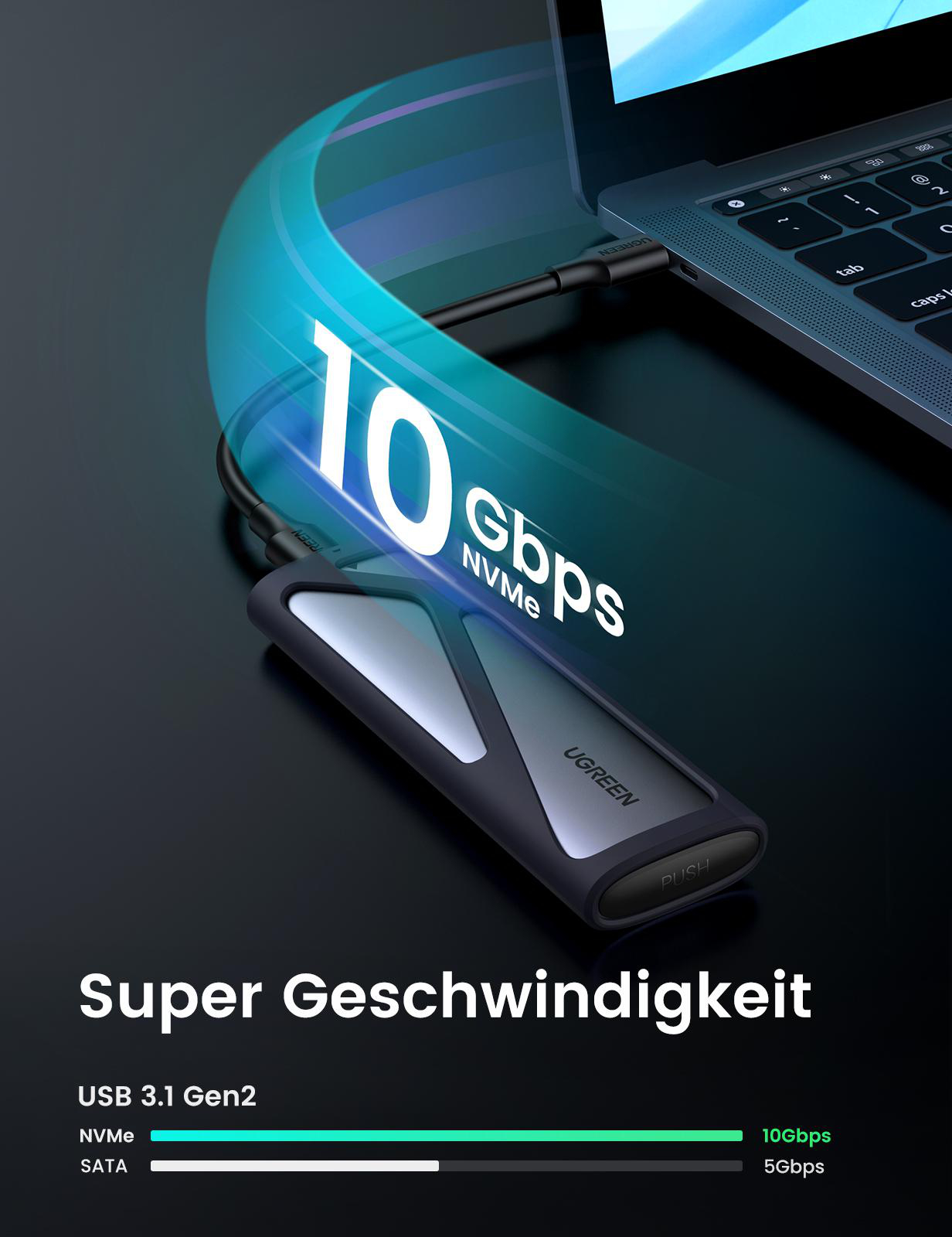 UGREEN externe Festplatte, die an einen Laptop angeschlossen ist und eine Datenübertragungsgeschwindigkeit von 10 Gbit/s zeigt.