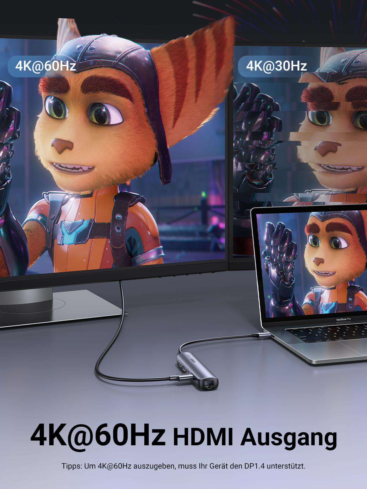 Zwei Monitore, die Spielszenen anzeigen, verbunden mit einem UGREEN-Adapter, mit 4K@60Hz und 4K@30Hz Ausgabe.