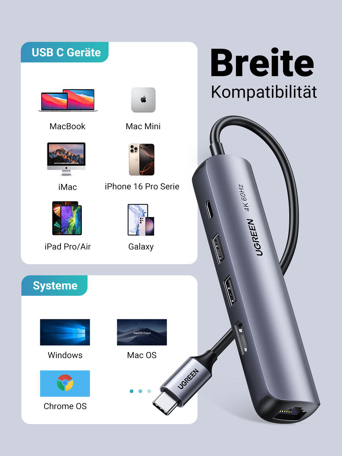 Ein USB-C-Hub mit mehreren Anschlüssen und einem angeschlossenen USB-C-Kabel.