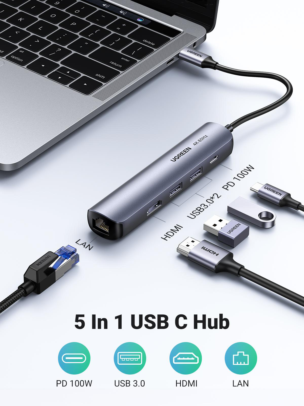 Ein UGREEN 5-in-1 USB-C Hub mit verschiedenen Anschlüssen wie PD 100W, USB 3.0, HDMI und LAN, mit angeschlossenen Geräten.