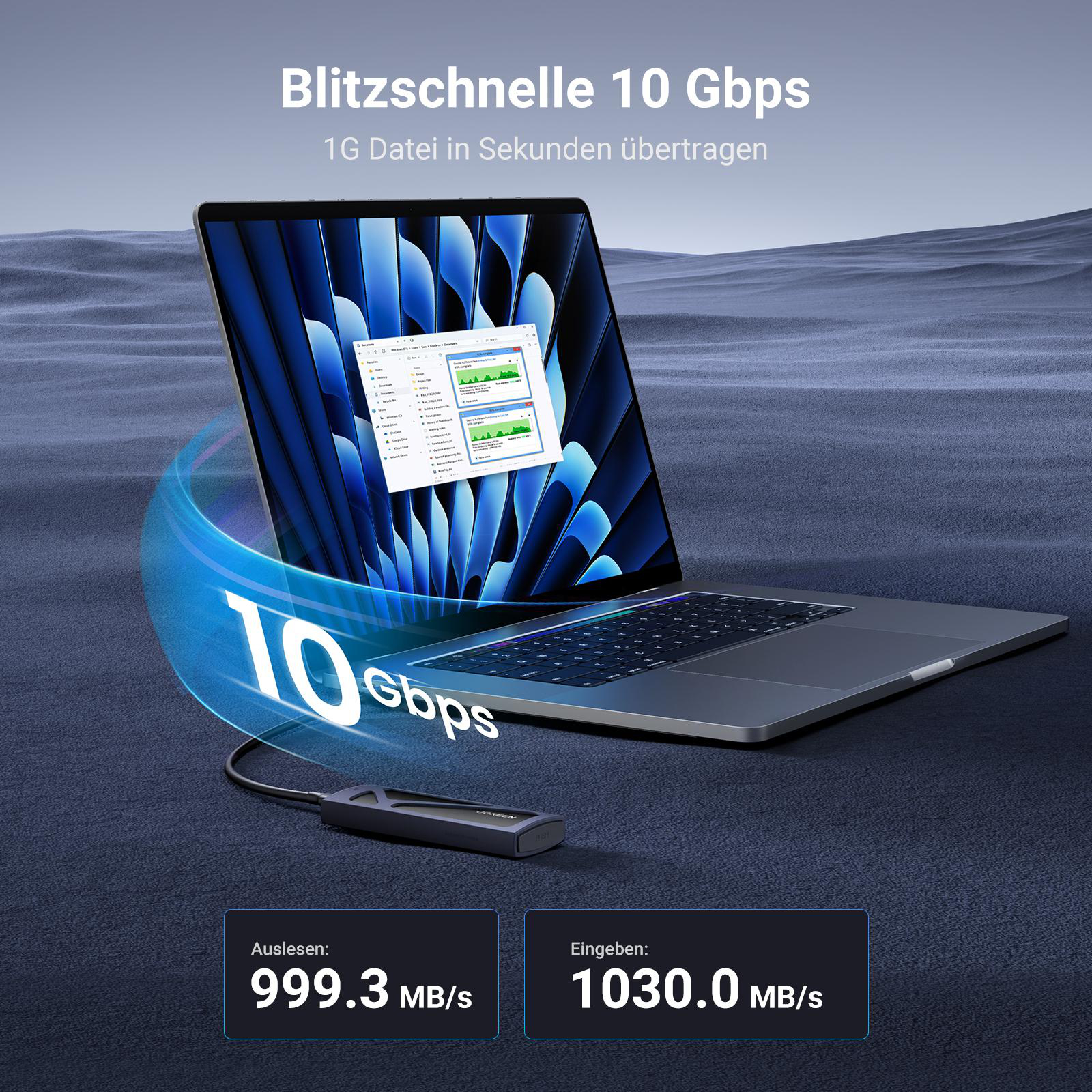 Ein Laptop, der über eine externe Festplatte mit hoher Geschwindigkeit Daten austauscht.