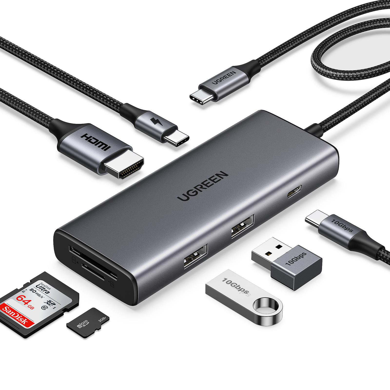 UGREEN-Hub mit mehreren angeschlossenen Geräten, darunter SD-Karten, USB-Laufwerke und verschiedene Kabel.