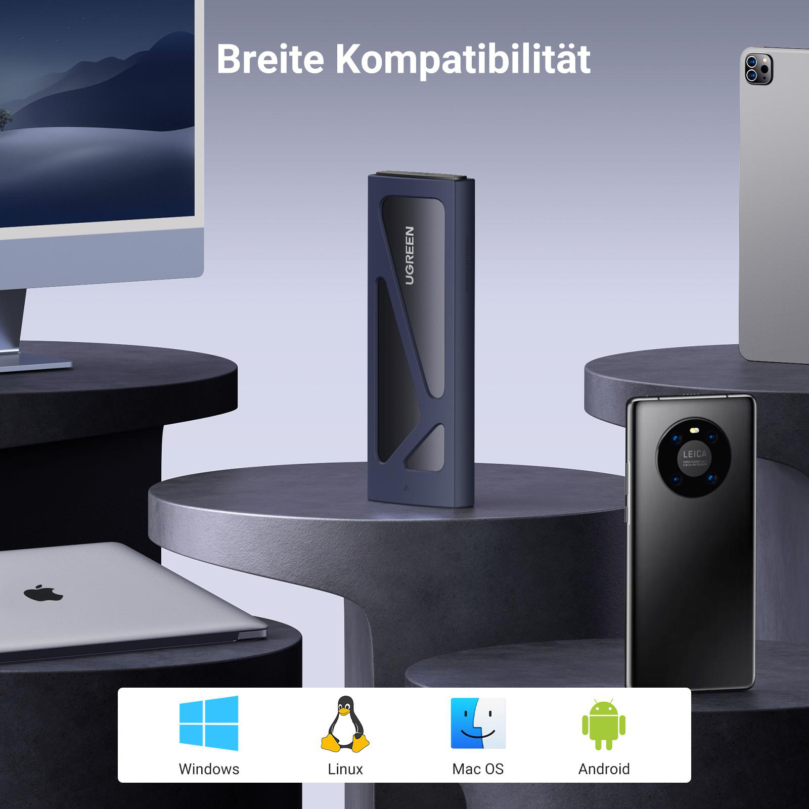 Eine UGREEN externe Festplatte mit blauem Rahmen, die mit verschiedenen Geräten verbunden ist.