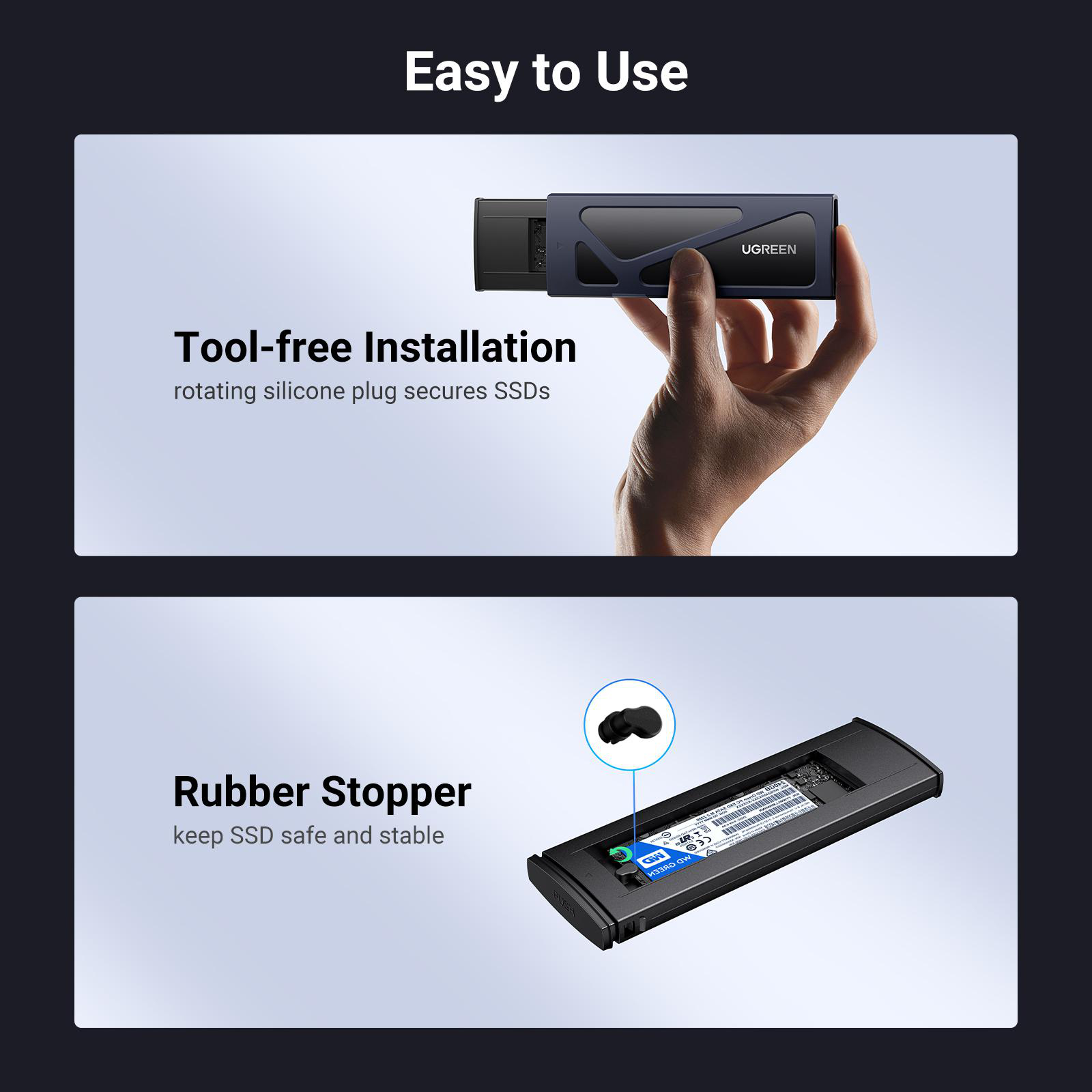 Eine Person installiert eine SSD in einem UGREEN-Gehäuse mit werkzeugloser Installation.
