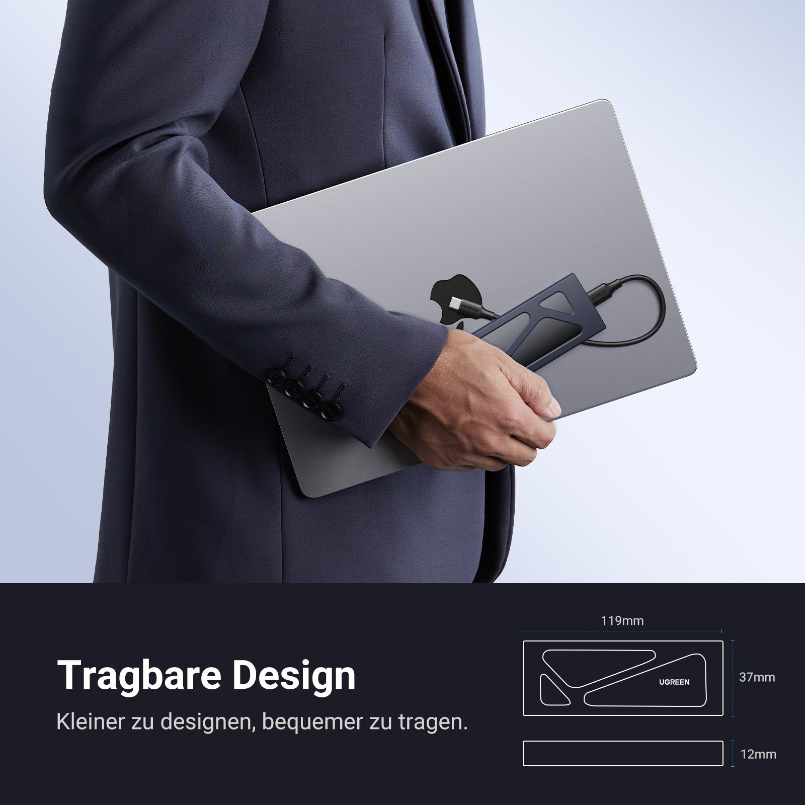 Eine Person hält ein UGREEN SSD-Gehäuse. Abmessungen: 119 mm x 37 mm x 12 mm.