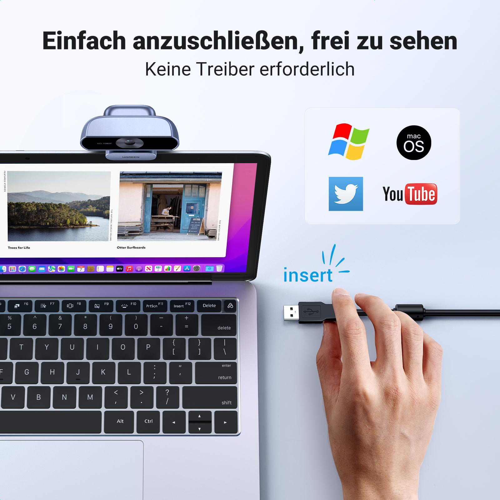 Eine Hand steckt ein USB-Kabel in einen Laptop, mit Bildern von Software-Symbolen.