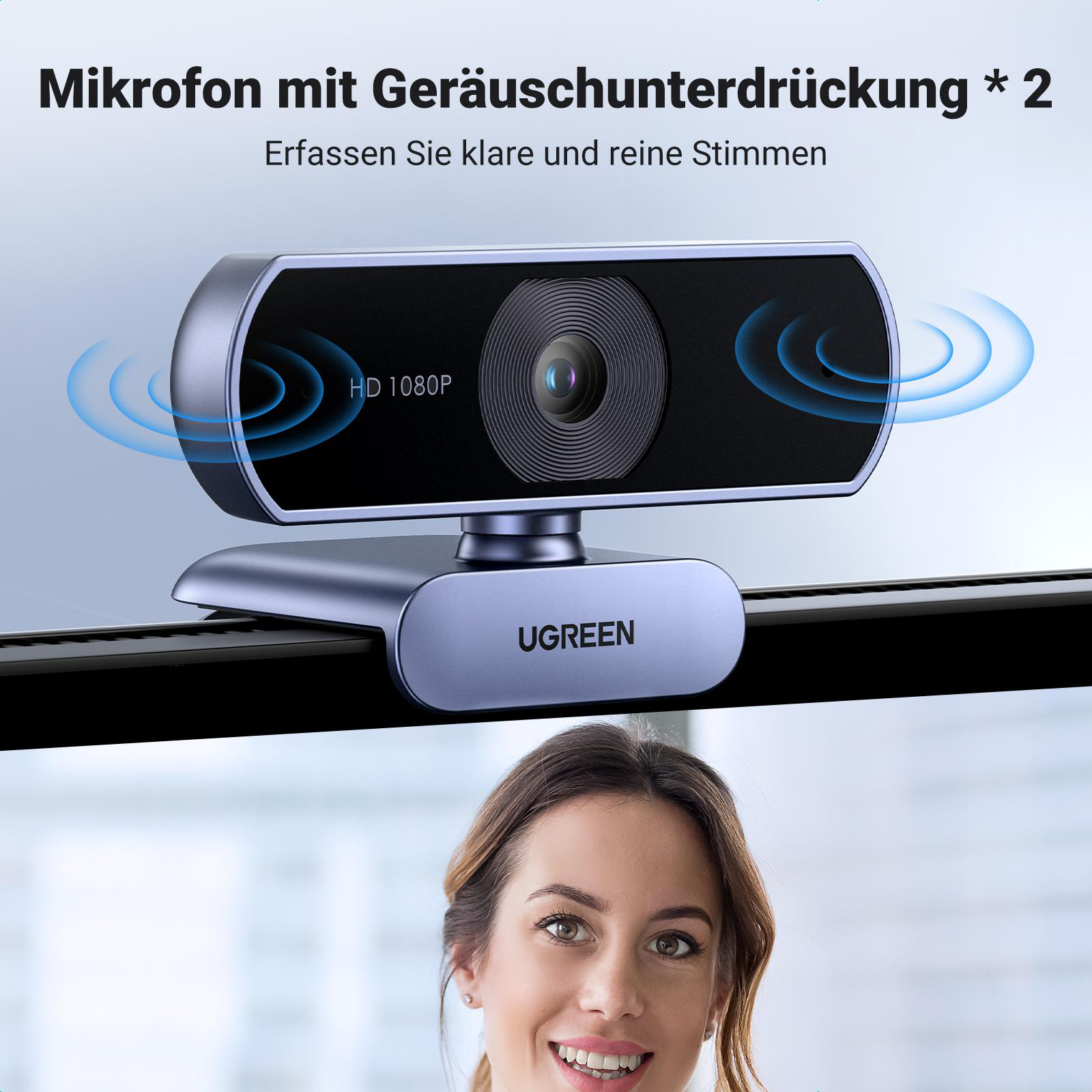 Eine Frau und eine Webcam mit 1080P HD-Auflösung. Sie hat Mikrofone zur Geräuschunterdrückung.