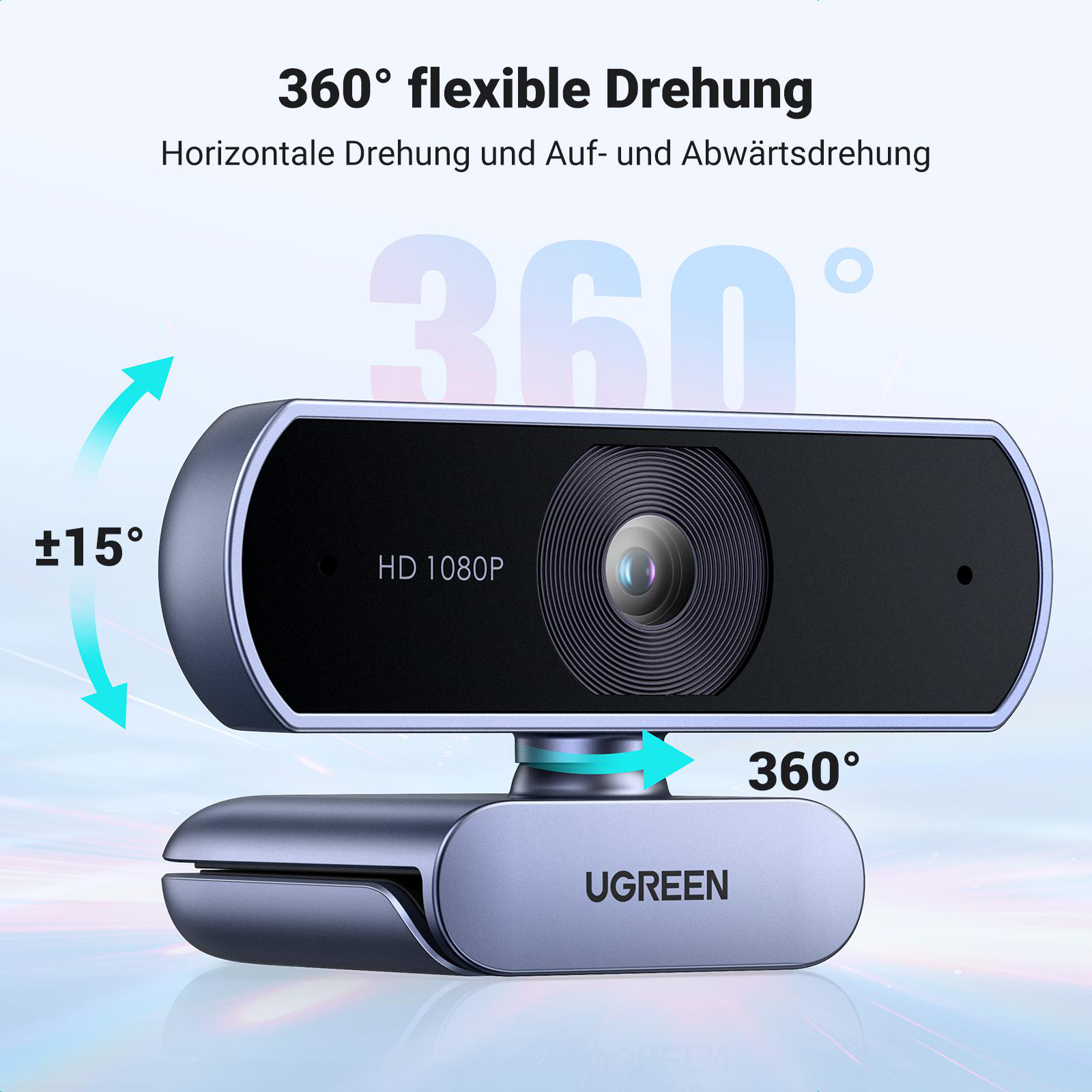 Webcam mit 360-Grad-Drehung, HD 1080P und UGREEN-Logo.