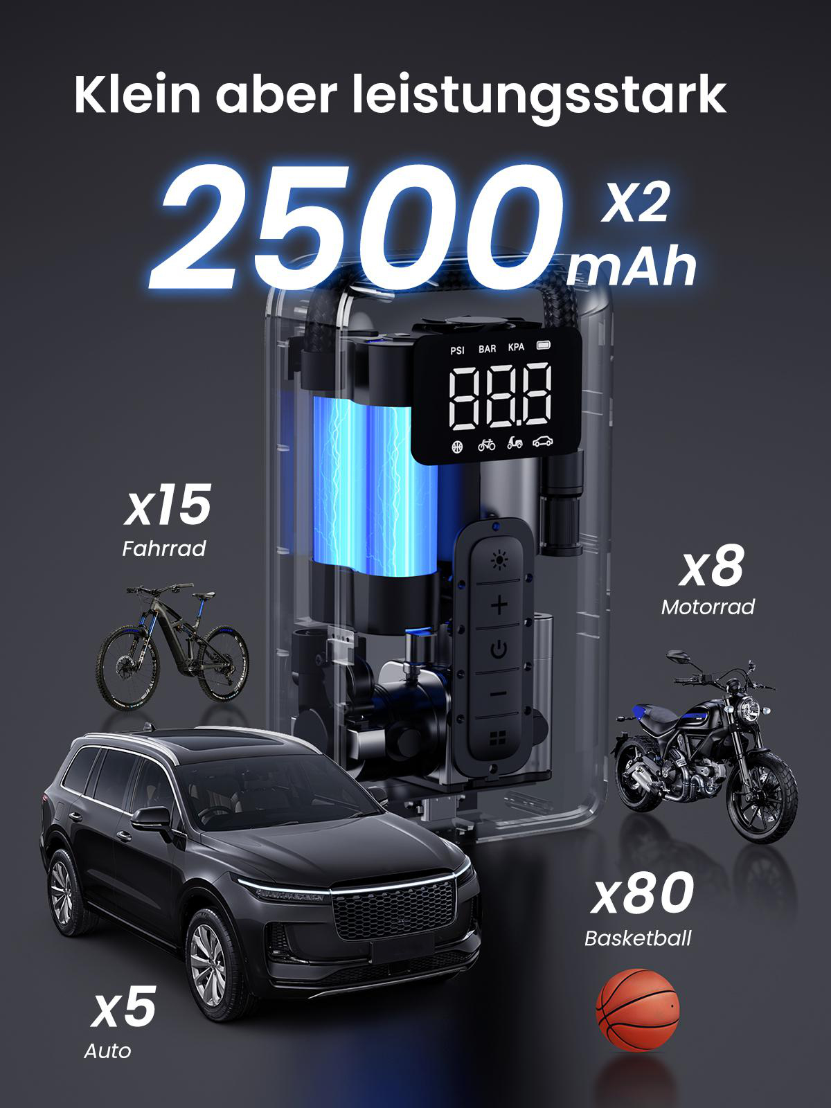 Ein Luftkompressor mit Bildschirm, umgeben von einem Auto, einem Fahrrad, einem Motorrad und einem Basketball.