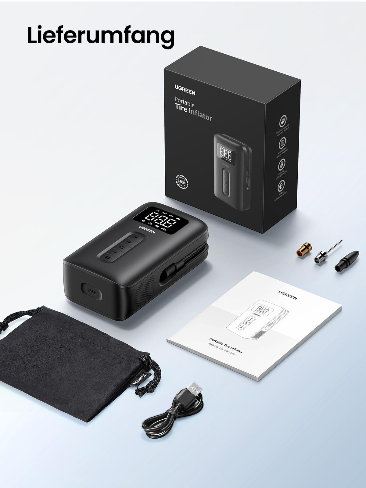 Tragbarer UGREEN-Reifenfüller, mit Zubehör und Verpackung sichtbar. Das Produkt ist schwarz, ein USB-Kabel ist enthalten.