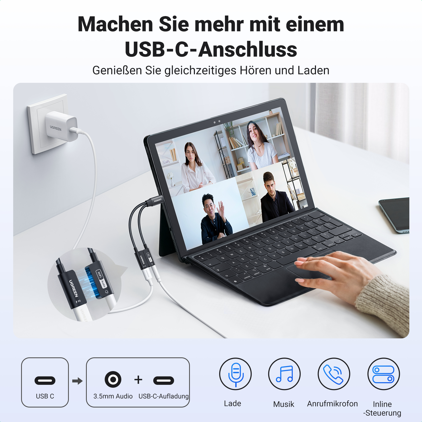 Laptop mit Videoanruf, USB-C, 3,5-mm-Audio und USB-C-Ladeanschlüssen.