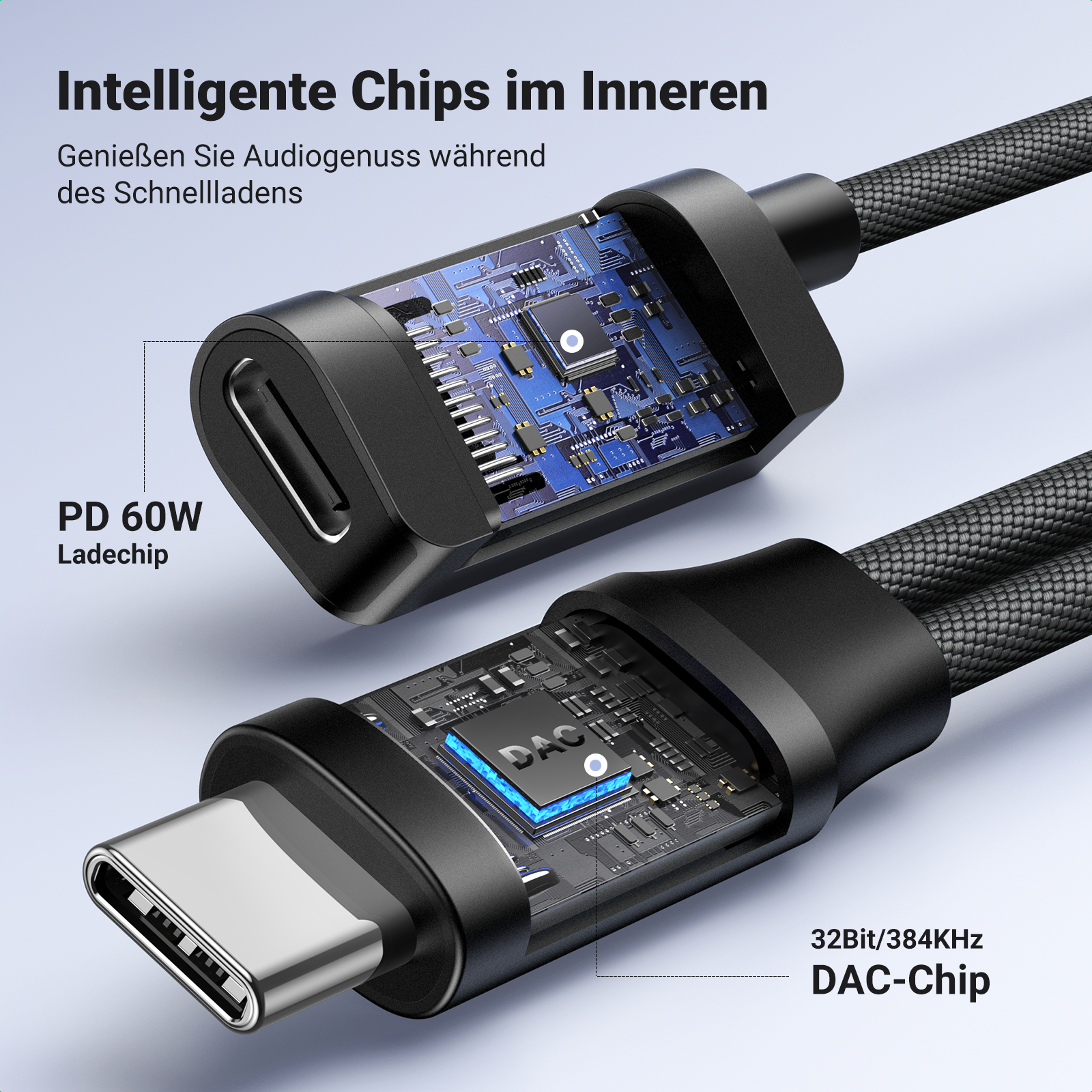 USB-C-Kabel mit internen Komponenten, PD 60W Chip und DAC-Chip.