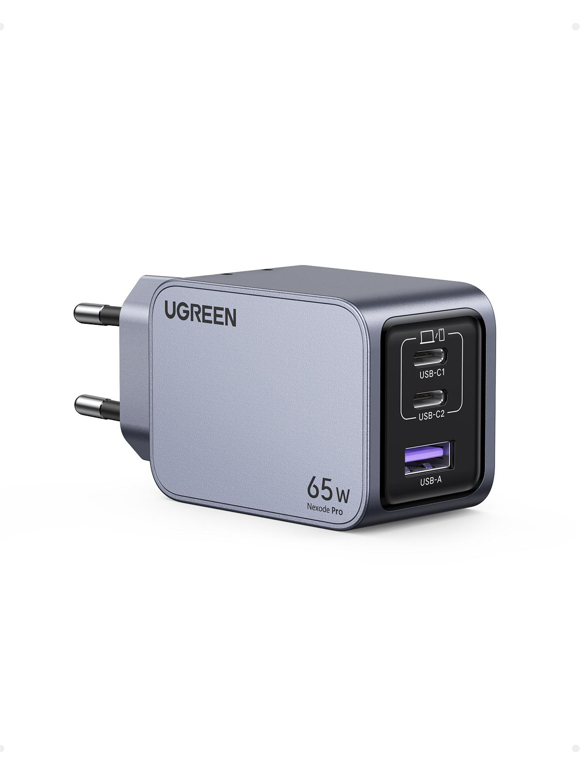 UGREEN 65W Nexode Pro Ladegerät mit USB-C- und USB-A-Anschlüssen.
