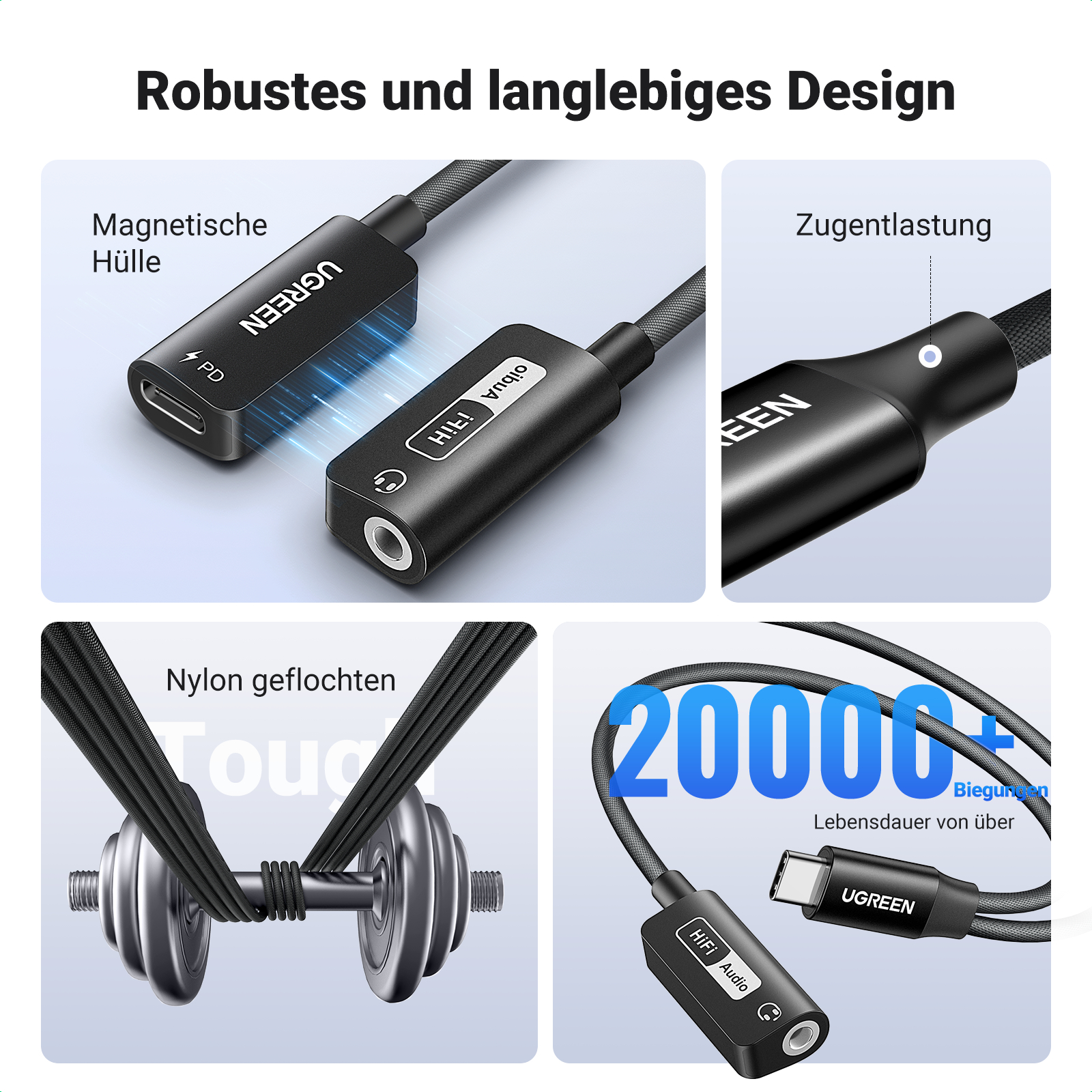 UGREEN-Kabel mit magnetischem Gehäuse, Zugentlastung, Nylongeflecht und Haltbarkeit.