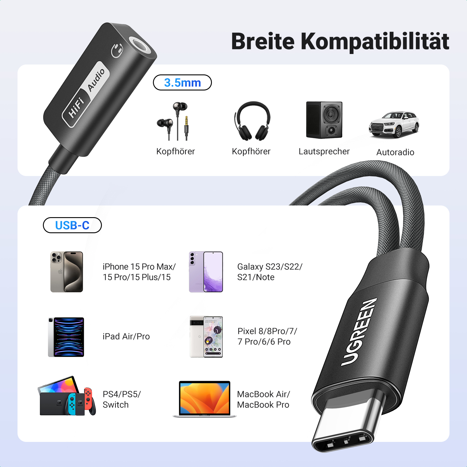 Schwarzer USB-C-zu-3,5-mm-Audioadapter, mit Symbolen für Kopfhörer, Lautsprecher und Geräte.