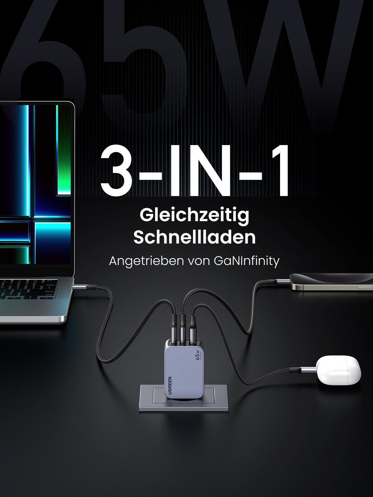 3-IN-1-Ladegerät lädt gleichzeitig Laptop, Telefon und Ohrhörer.