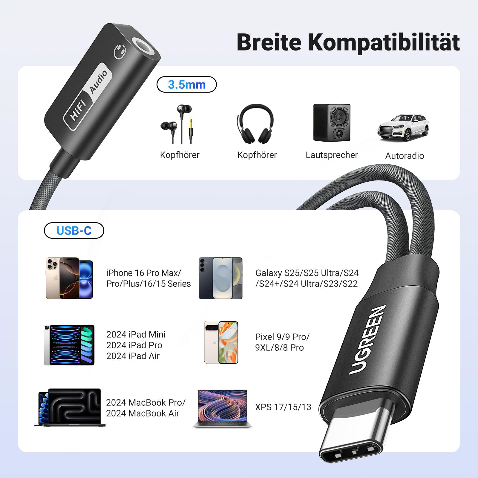 USB-C-auf-3,5-mm-Adapterkabel mit HiFi-Audio-Logo und 3,5-mm-Anschluss.
