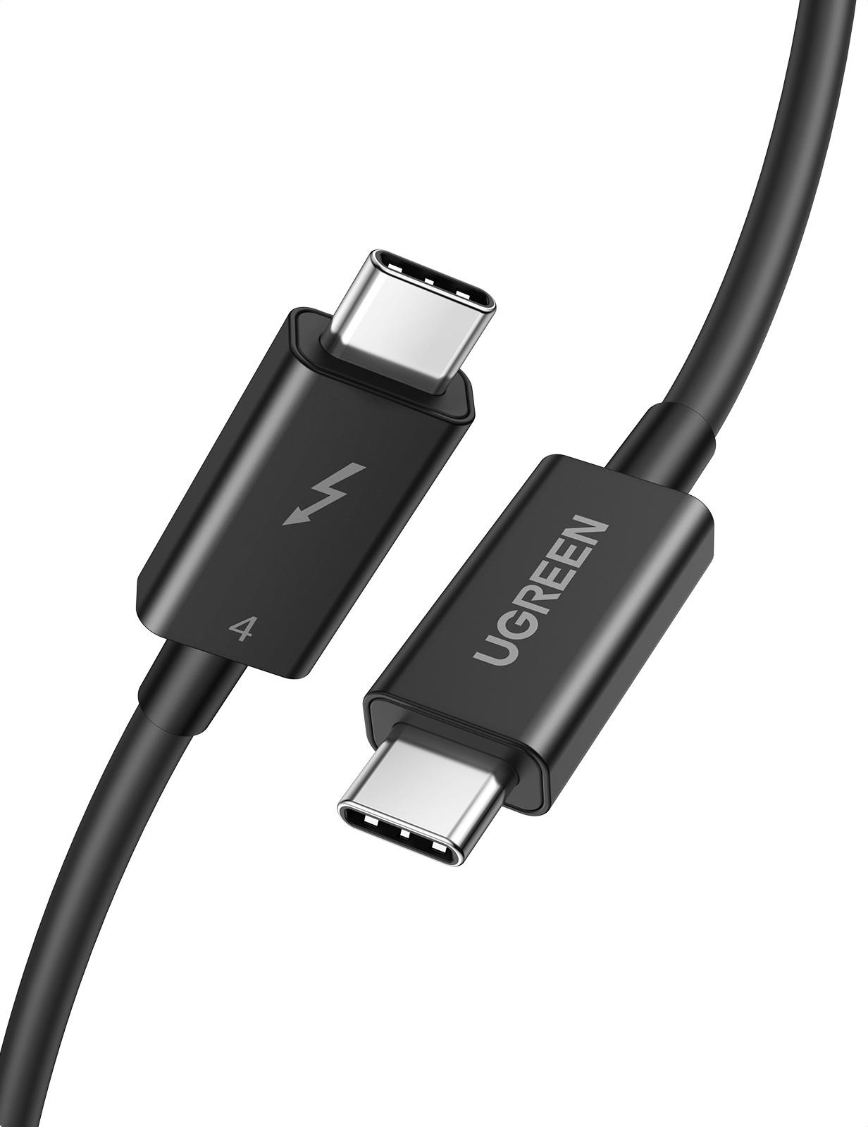 Schwarzes UGREEN USB-C-Kabel. Es hat zwei USB-C-Anschlüsse und den Markennamen UGREEN.