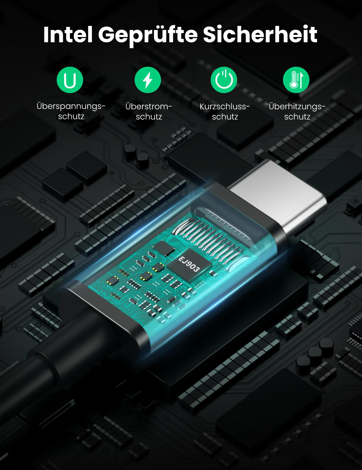USB-C-Kabel mit internen Komponenten, Überspannungs-, Überstrom-, Kurzschlussschutz.