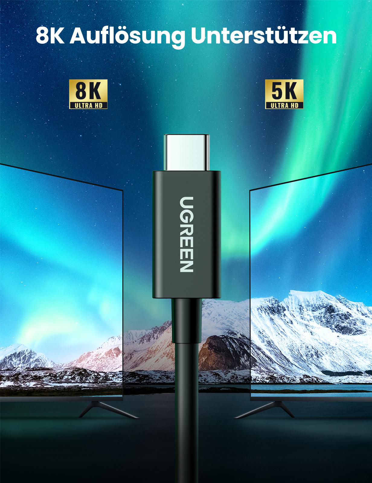 Schwarzes UGREEN-Kabel mit USB-C-Anschlüssen, unterstützt 8K- und 5K-Auflösungen, mit Berg-Hintergrund.