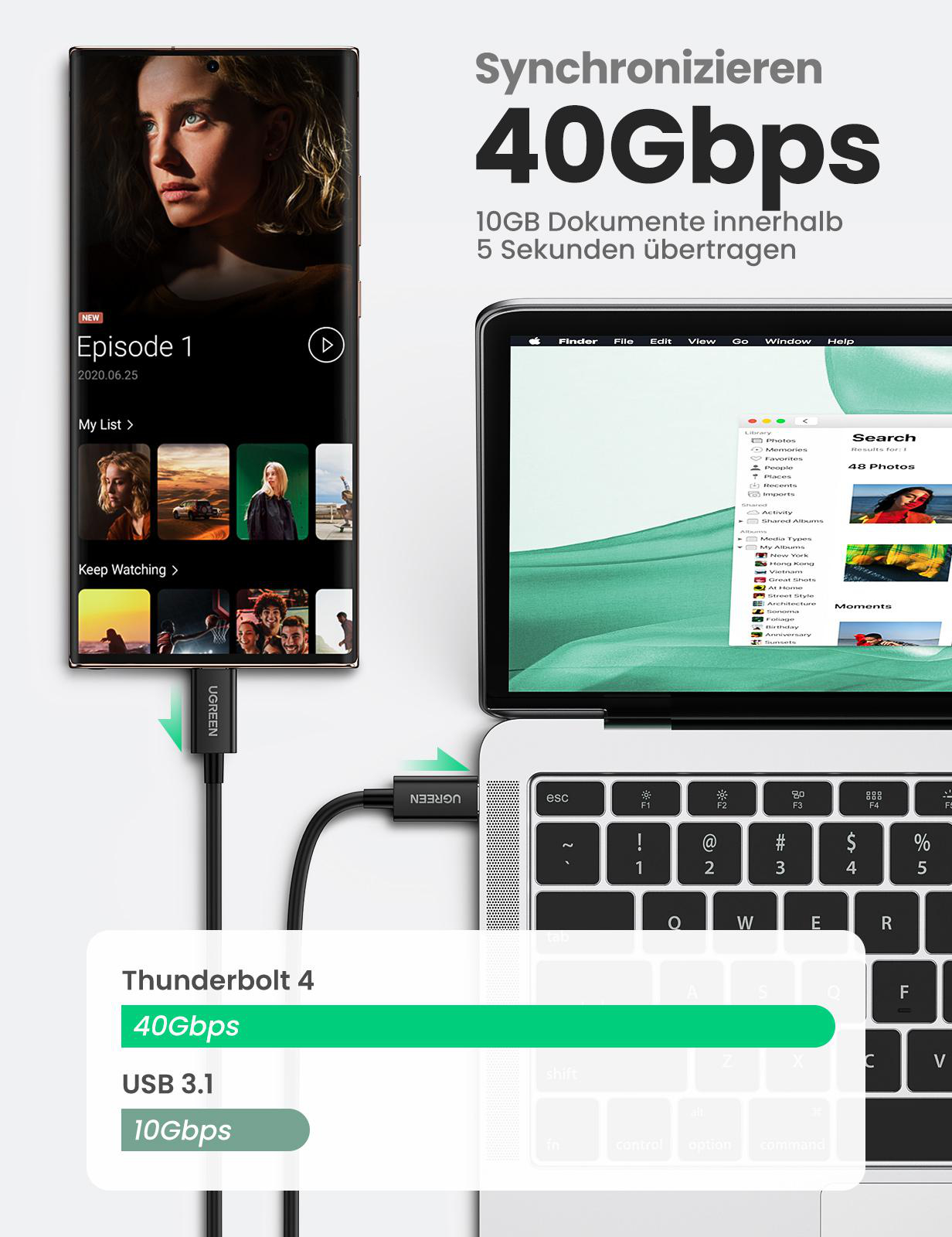 Telefon und Laptop mit USB-C-Kabel verbunden. Zeigt 40 Gbit/s Datenübertragungsgeschwindigkeit.