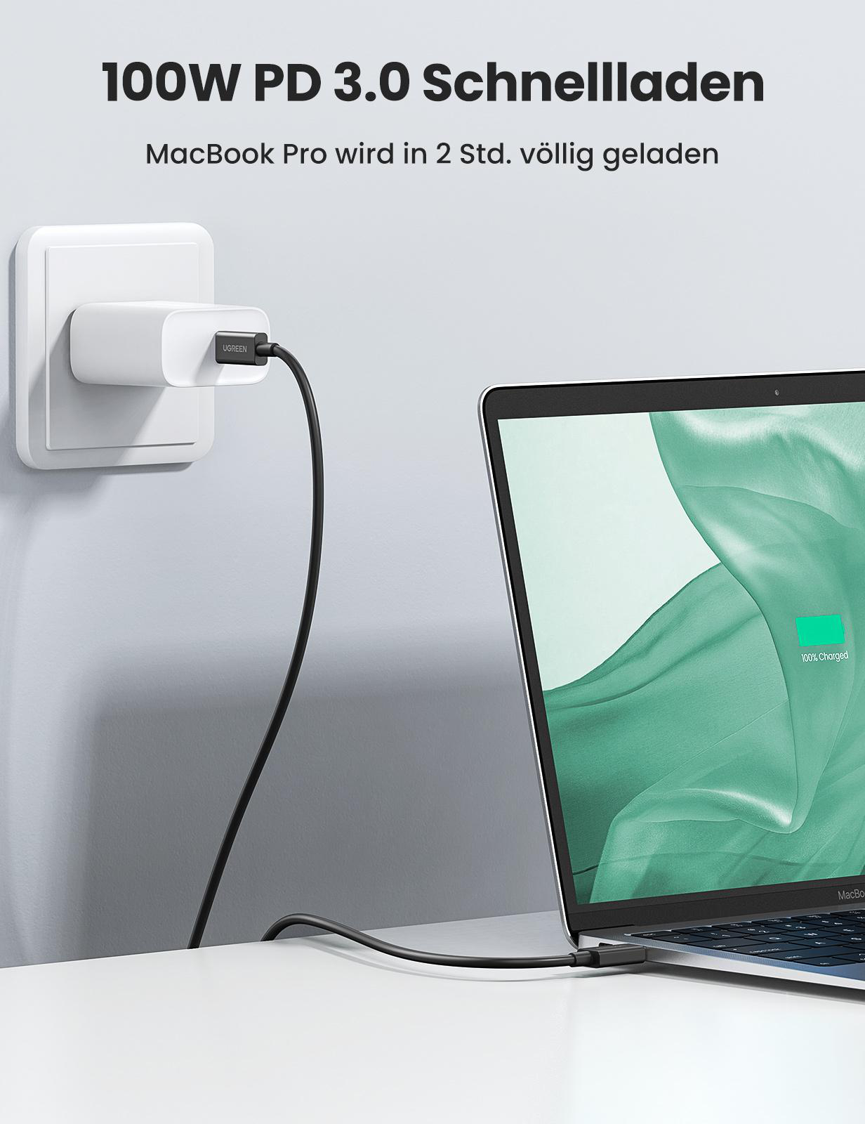 Laptop, der mit UGREEN-Ladegerät lädt, zeigt 100 % aufgeladen.