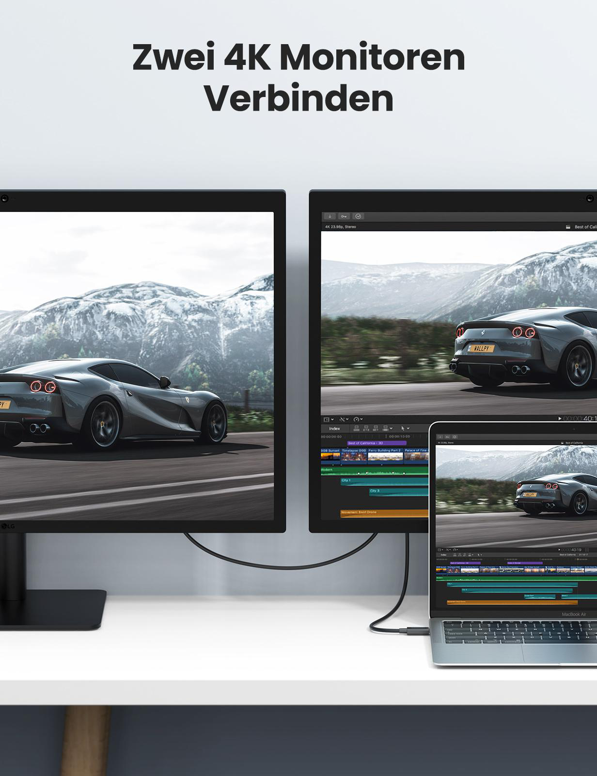 Zwei Monitore mit einem Auto auf einer Straße und einem Laptop mit Videoschnittsoftware. Weißer Tisch.