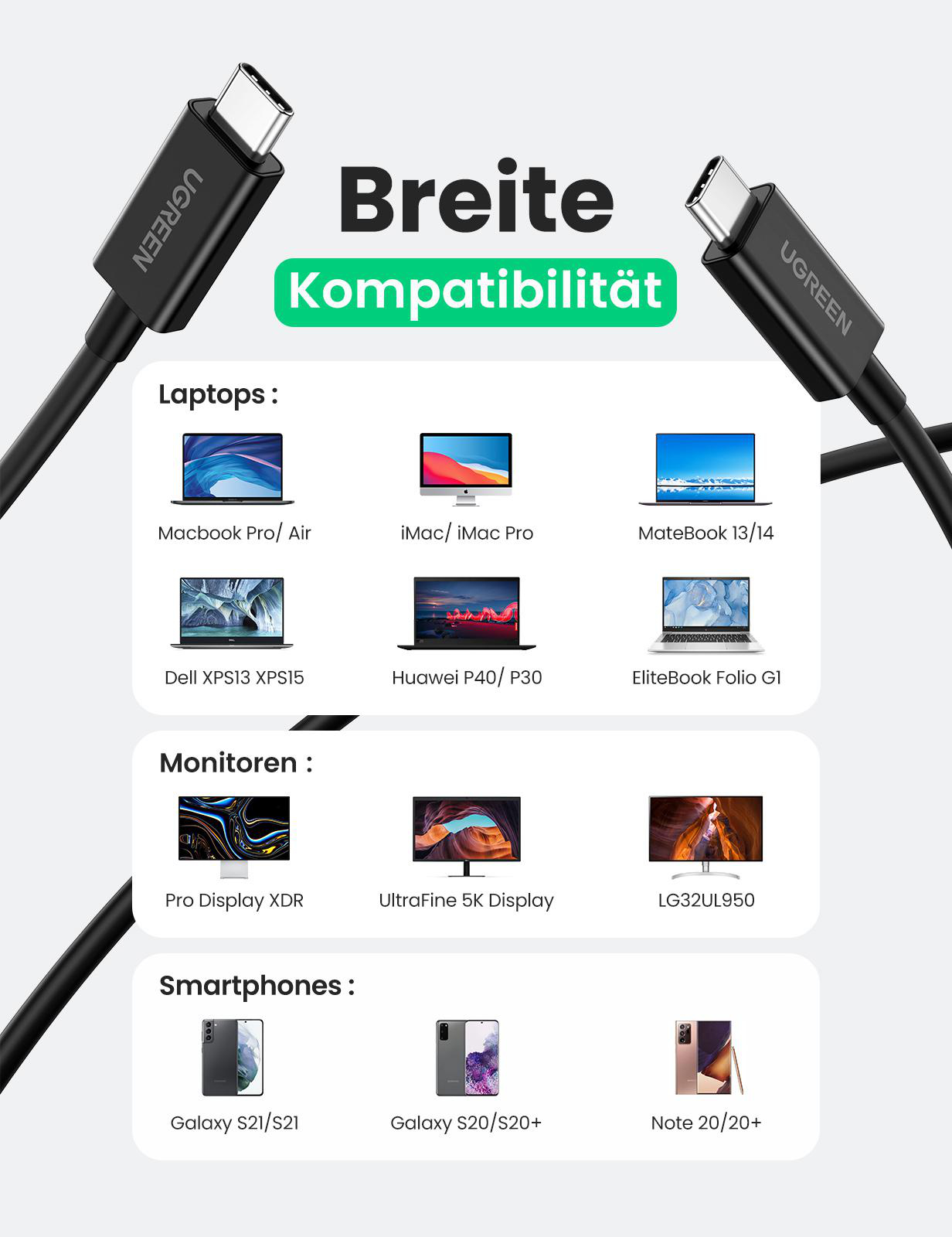 USB-C-Kabel kompatibel mit Laptops, Monitoren und Smartphones. UGREEN-Logo.