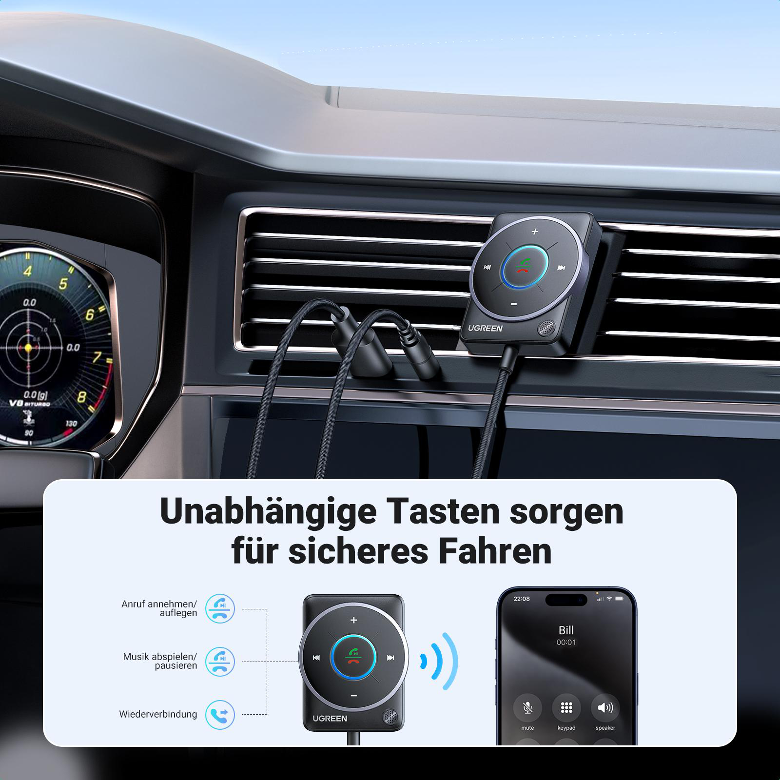 Das Bild zeigt ein Armaturenbrett mit einem UGREEN Bluetooth-Gerät und einem Telefon, das einen Anruf anzeigt.