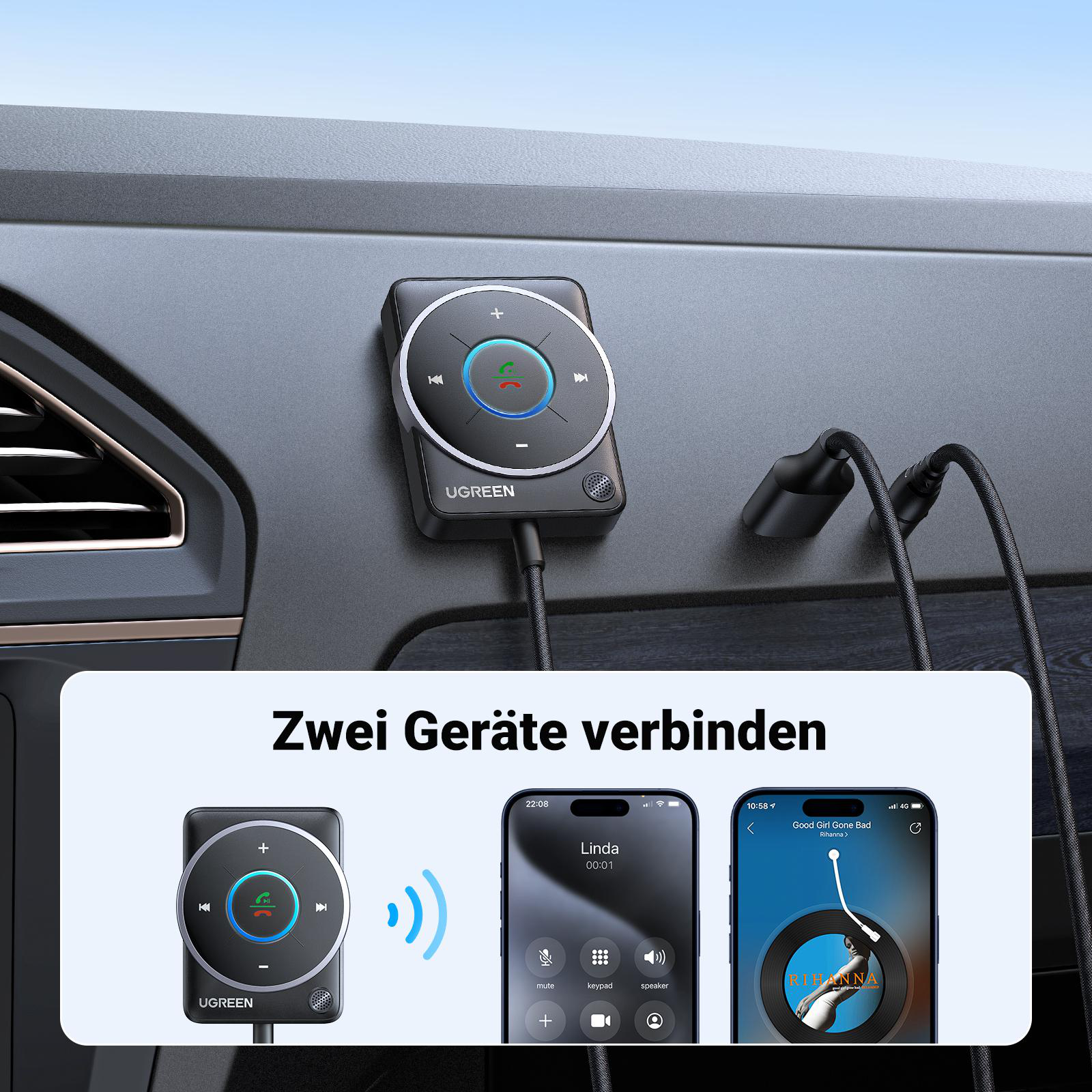Wandle USB-C in USB 3.0 um. Ein schwarzer Adapter und ein USB-Laufwerk.