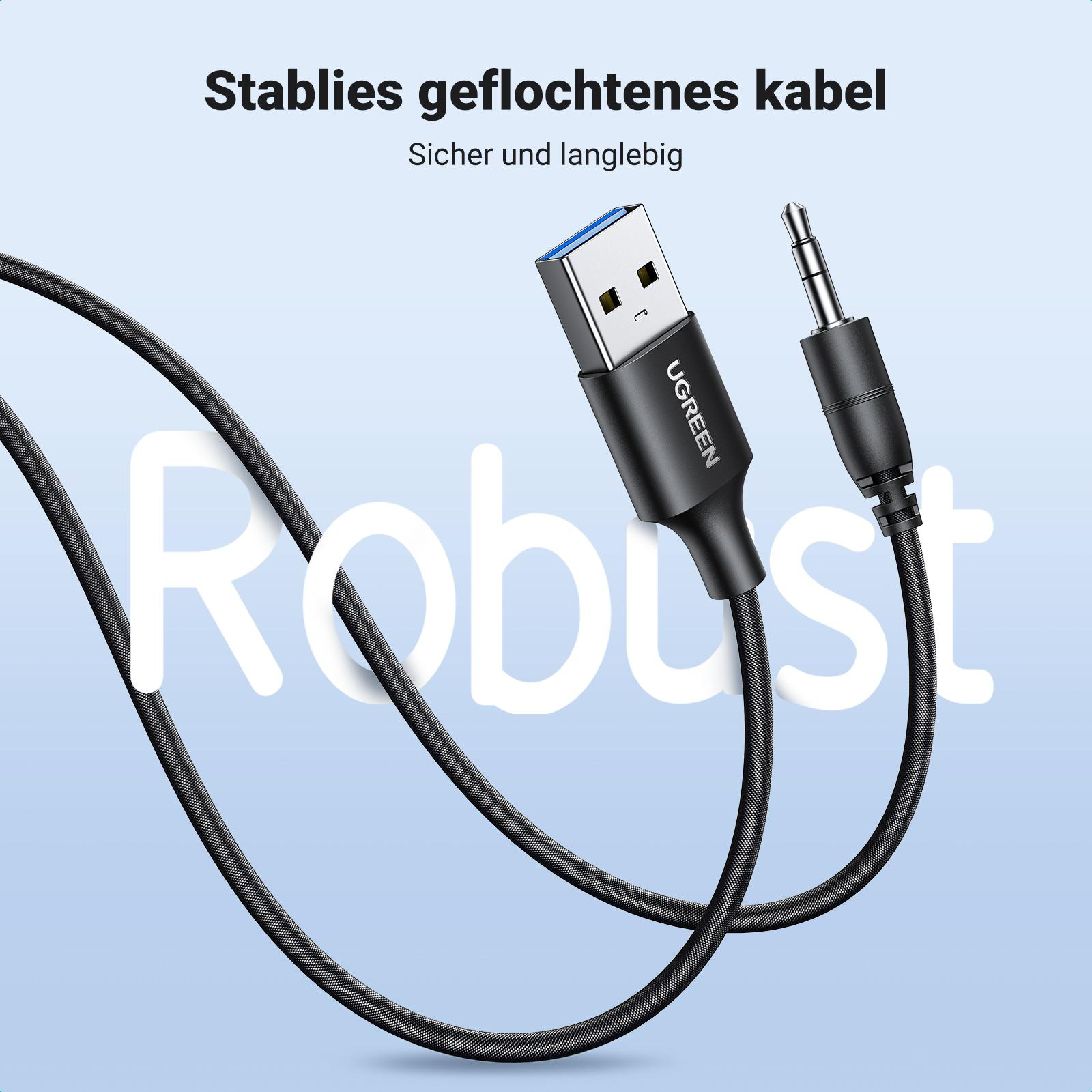 Ein schwarzes UGREEN-Kabel mit USB- und 3,5-mm-Klinke liegt auf einer Oberfläche mit dem Wort „Robust“ dahinter.