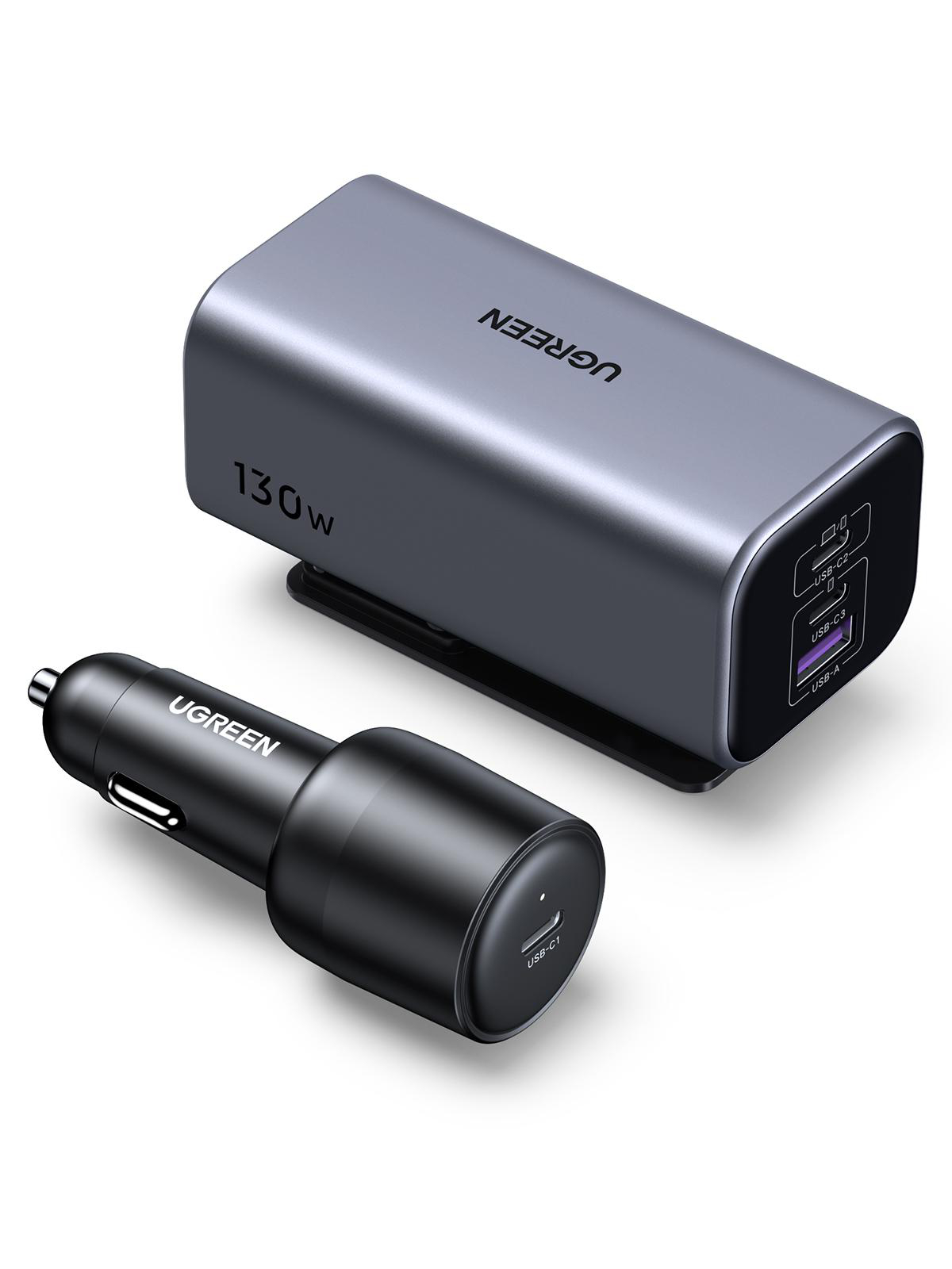 Das Bild zeigt ein UGREEN-Ladegerät mit Autoladegerät und 130-W-Netzteil mit USB-Anschlüssen.