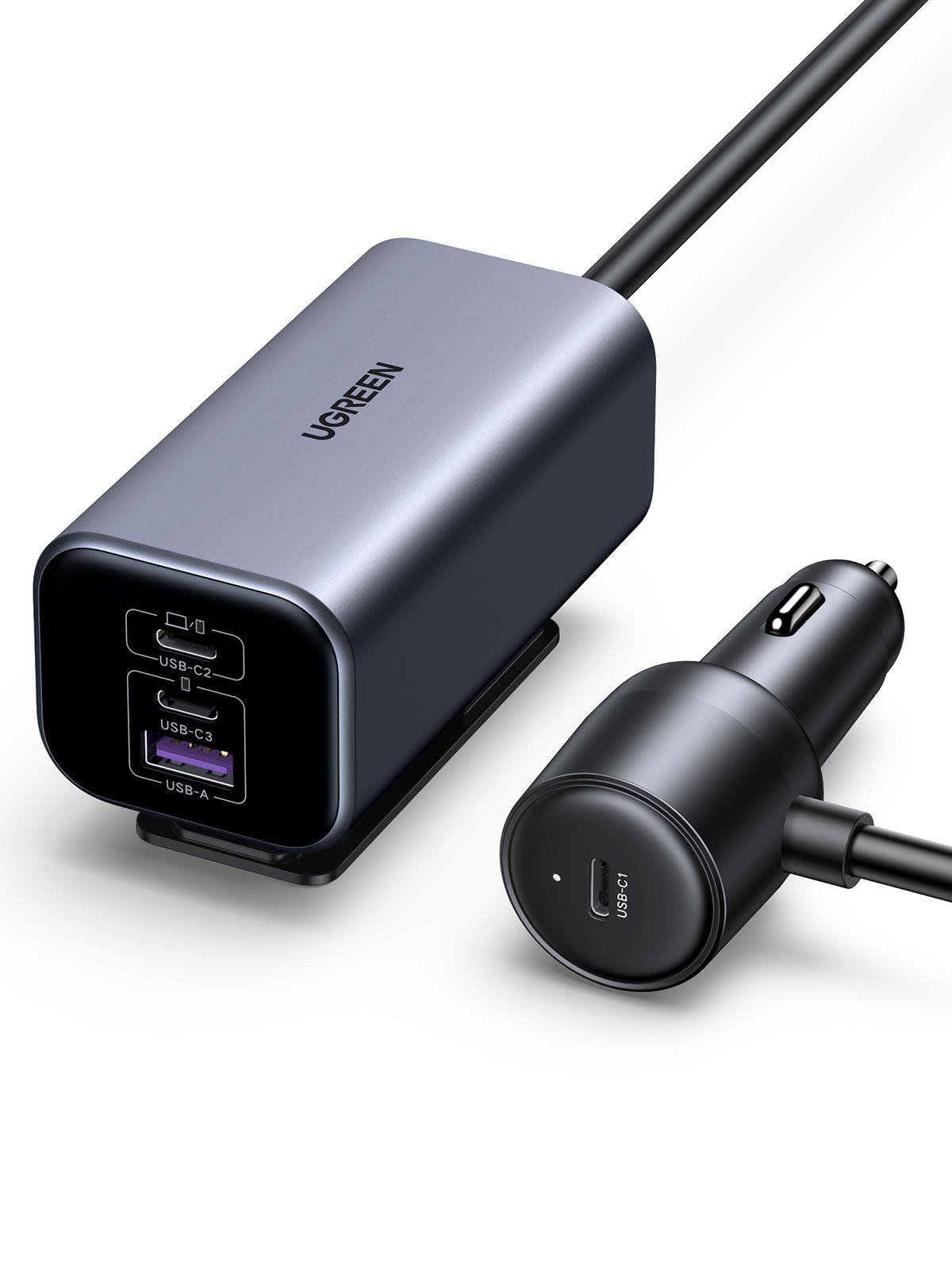 Das Bild zeigt ein UGREEN-Ladegerät mit Autoladegerät und 130-W-Netzteil mit USB-Anschlüssen.