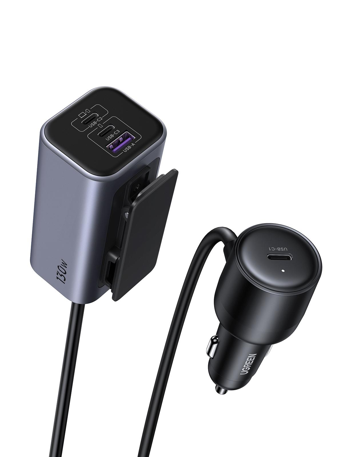Das Bild zeigt ein UGREEN-Ladegerät mit Autoladegerät und einem 130-W-Netzteil mit USB-Anschlüssen und Abdeckung.