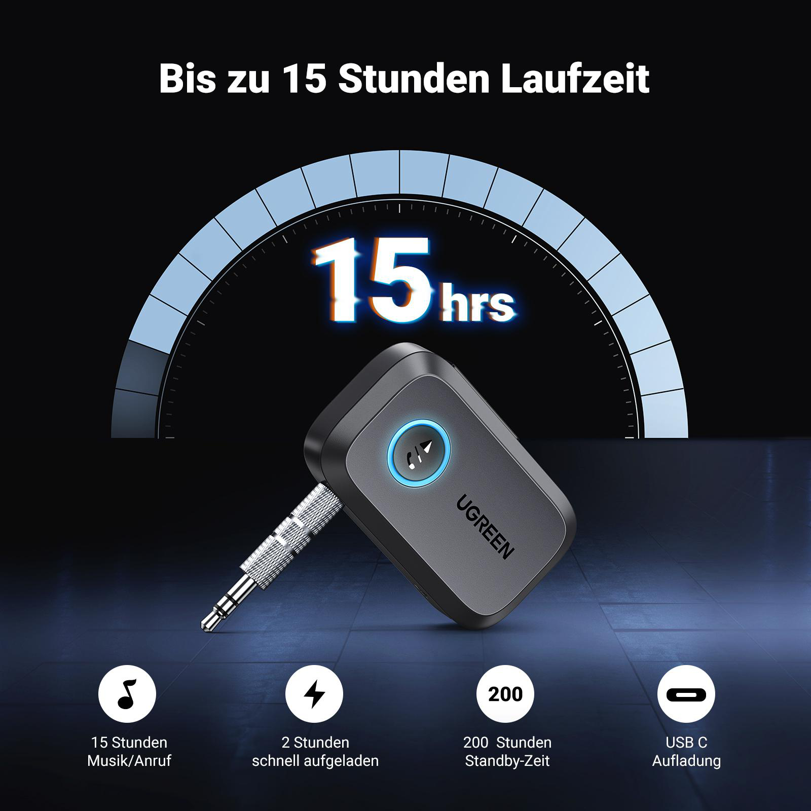 Das Bild zeigt ein UGREEN Bluetooth-Gerät mit 15 Stunden Akkulaufzeit, 2 Stunden Schnellladung und USB-C-Aufladung.