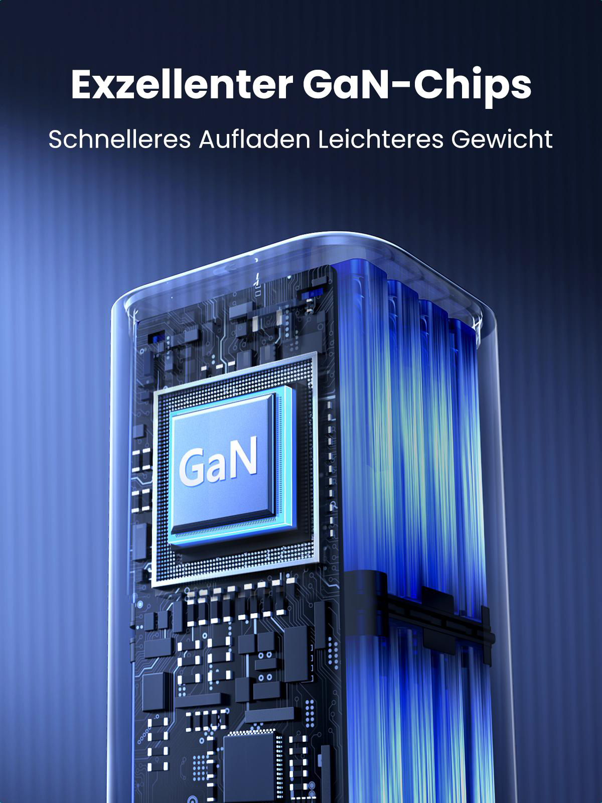 Das Bild zeigt eine GaN-Chipstruktur in einem Gerät, die schnelleres Laden und geringeres Gewicht hervorhebt.