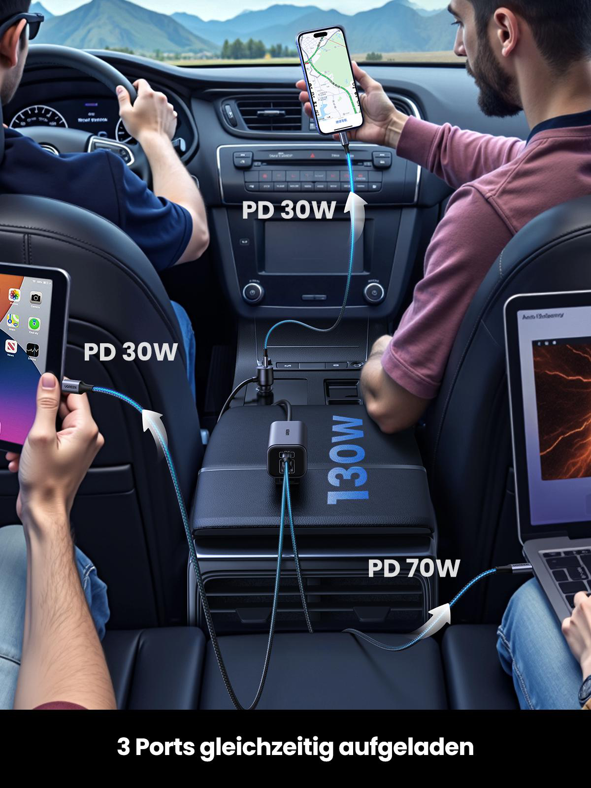 Leute im Auto laden Geräte. Telefon, Tablet und Laptop werden mit Ladekabeln gezeigt.