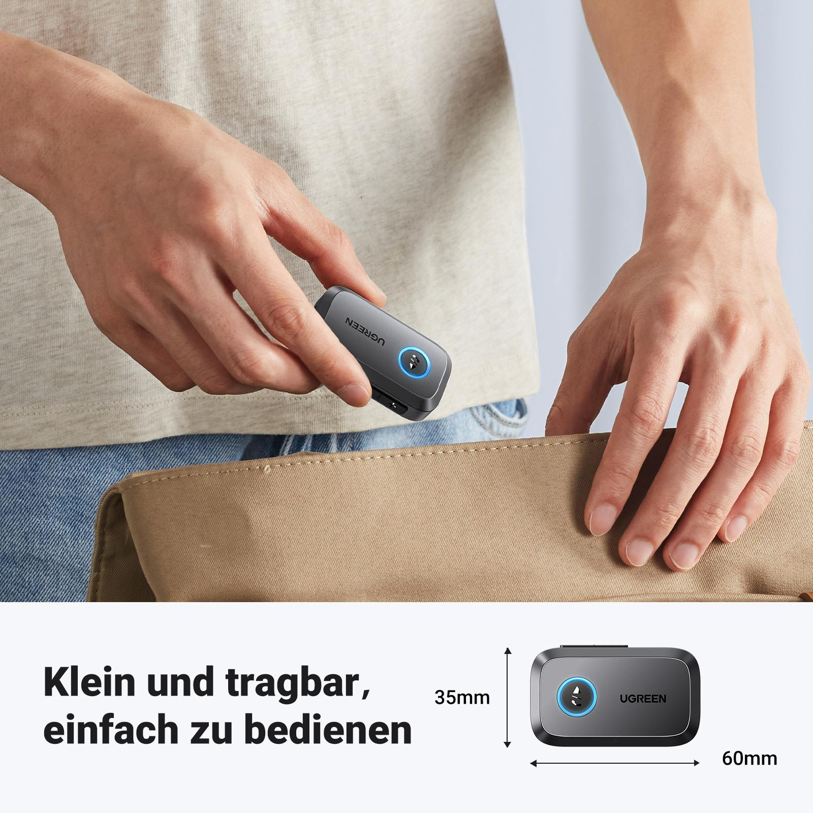 Eine Person hält ein kleines schwarzes UGREEN-Gerät, darunter der Text 'Klein und tragbar, einfach zu bedienen'.