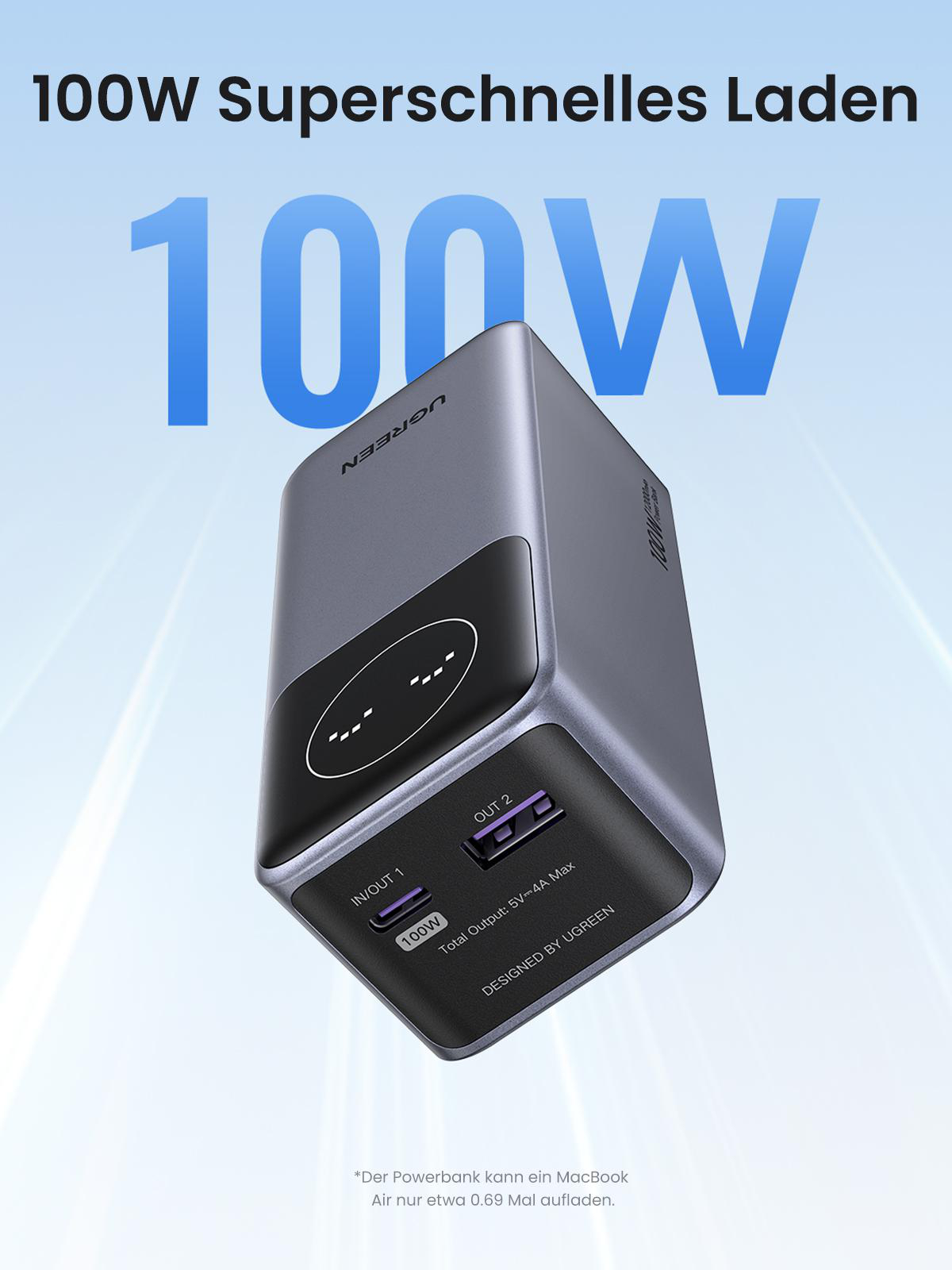 Eine Powerbank mit Text, der 100W Superschnelles Laden anzeigt.