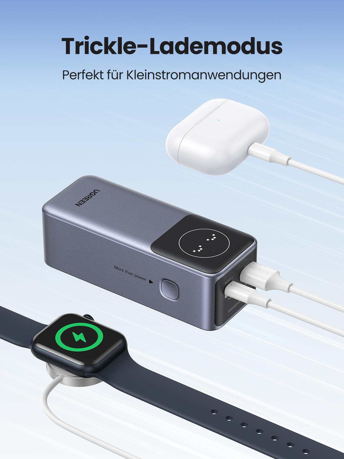 Ladegerät mit Smartwatch und Ohrhörern, mit Leistungsanzeige, verbunden mit einer Powerbank.