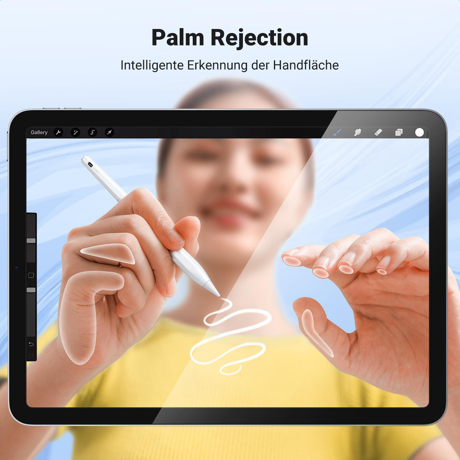 Tablet mit Stift, eine Hand zeichnet. Text: 'Palm Rejection'.
